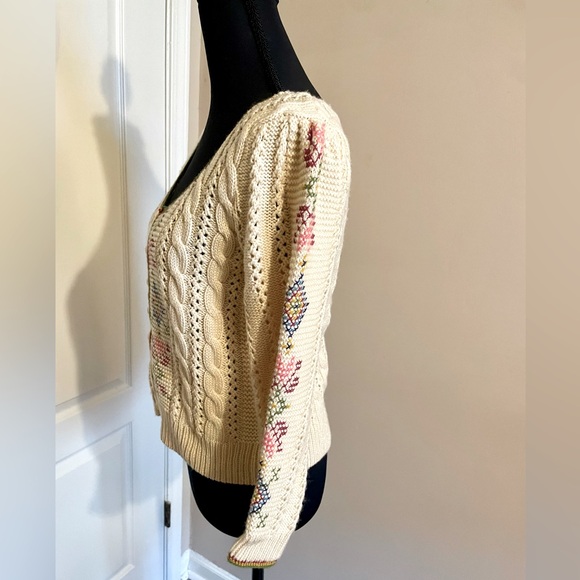 Anthropologie Guinevere Blue Ribbon Cardigan Size M Folksy Needlepoint Cableknit - Picture 7 of 13